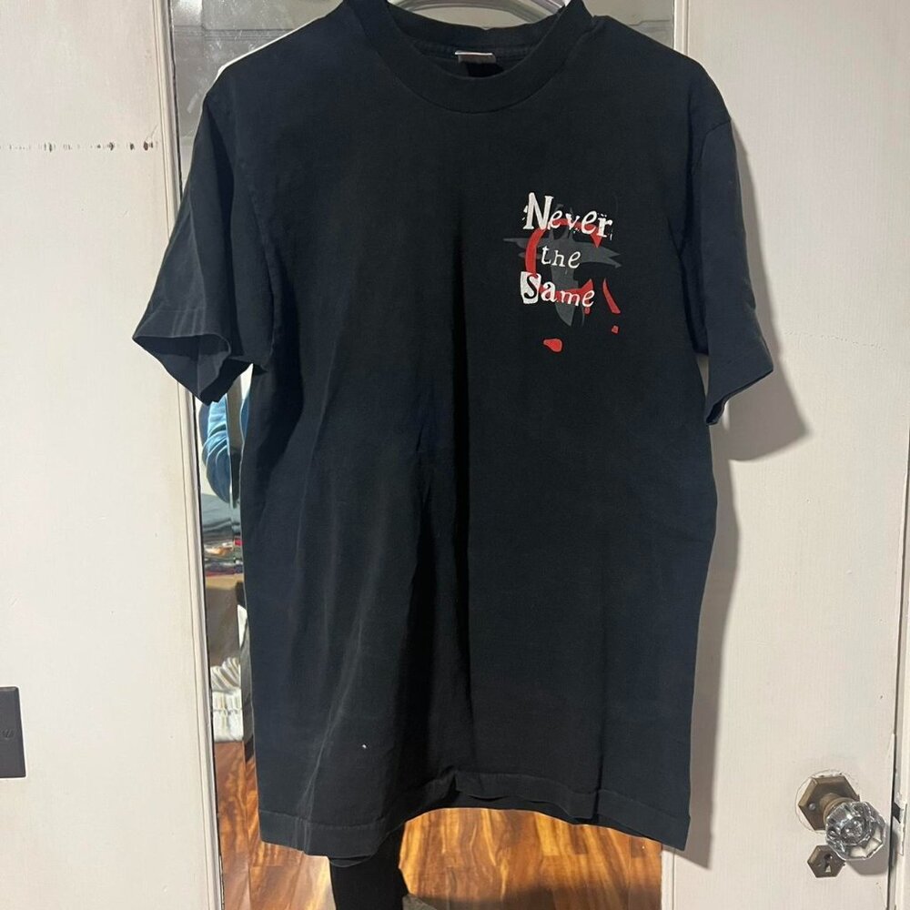 Black Fruit of the Loom tee with "Never the Same" design SINGLE STITCH